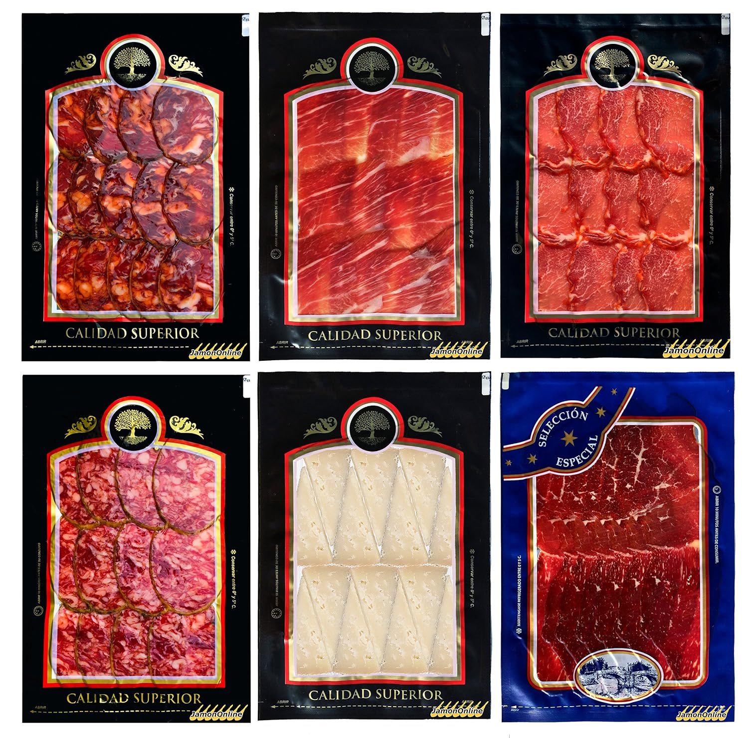 Lot tasting Spanish food: Iberian ham, loin acorn, cecina de león, acorn sausage, salami acorn, sheep cheese. (100g each)