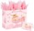 Ssyuysto Large Gift Bag Birth Girl 33 cm Wide Pink Baby Girl Gift Bag with Tissue Paper Greeting Card for Baby Shower Birthday Baby Shower Christening Gender Reveal Cute Animals