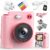 Kids Instant Camera with 32GB Memory Card, Pink, 2.0 Inch LCD Screen, Dual Camera, 1080P Video, 16X Digital Zoom, Type-C, 3 Rolls Printing Paper and Colouring Pencils, Gift for Kids