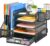 Marbrasse Desk Organiser with File Holder, 5 Tier Paper Letter Tray with Drawer and 2 Pen Holders, Desk Mesh Storage Compartments Organiser with for Office Supplies (Black)