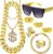Yolistar Pack of 9 Costume Gold Chain Fancy Dress 80s 90s Outfit Men’s Hip Hop Rapper Costume Gold Chain Men’s Sunglasses Hanzi Dollar Ring Chain Ring for Carnival Fancy Dress Theme Party